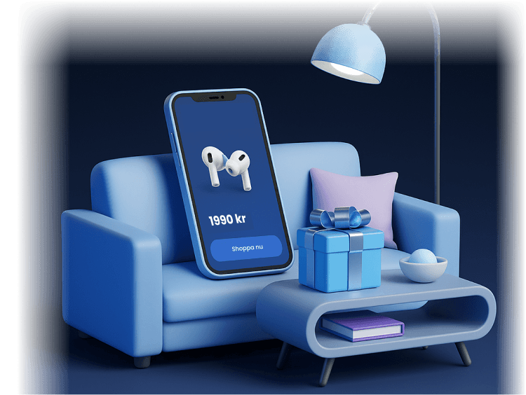 3D illustration with chair, phone and gift boxes