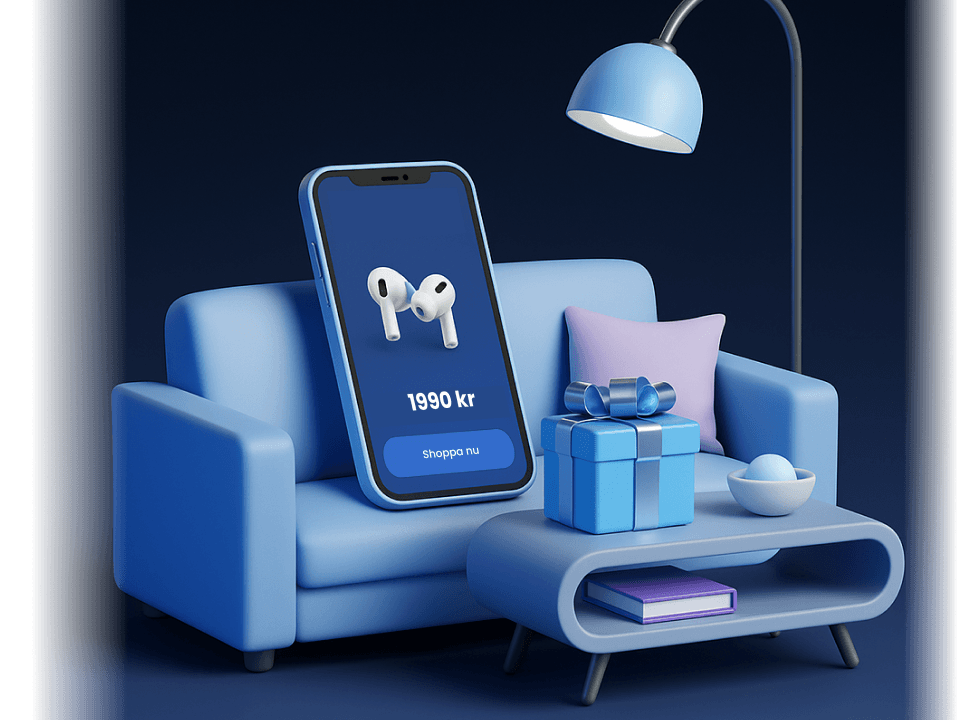 3D illustration with chair, phone and gift boxes