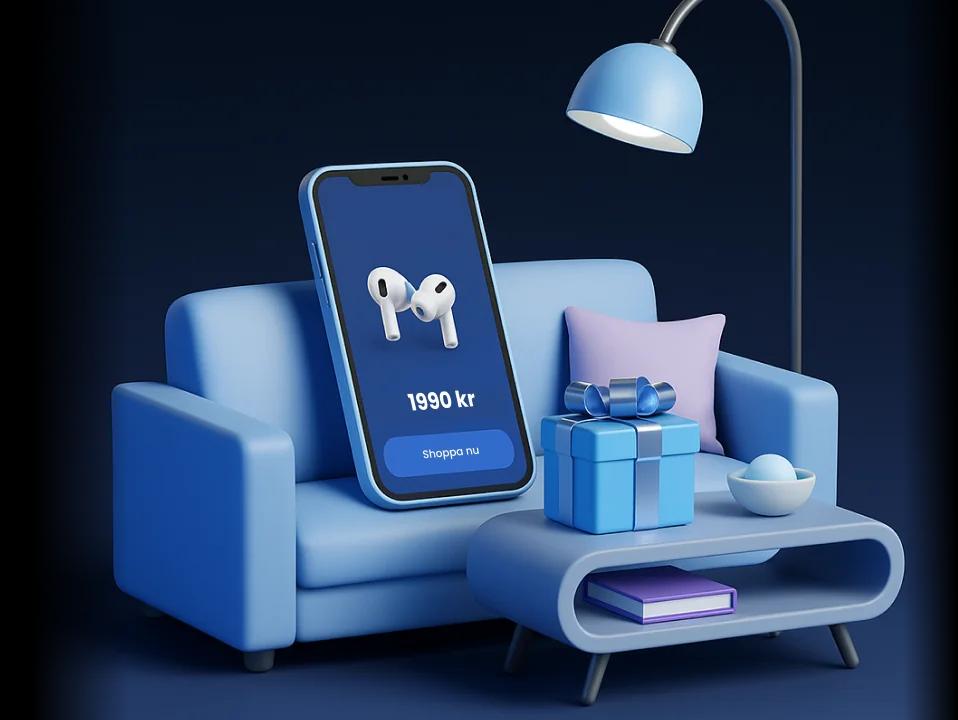 3D illustration with chair, phone and gift boxes