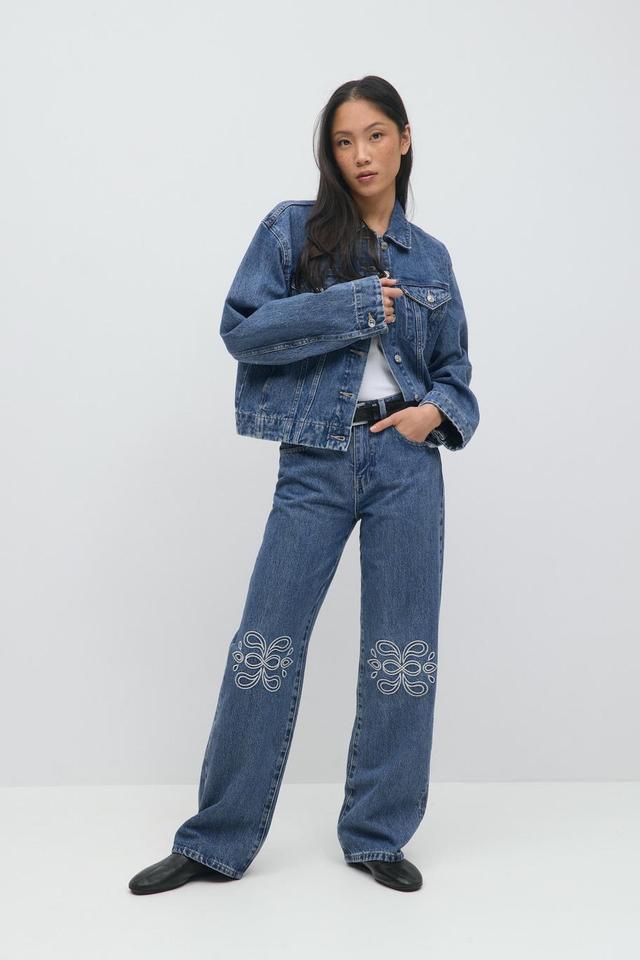 Damjeans med brodyr - Blå - Gina Tricot