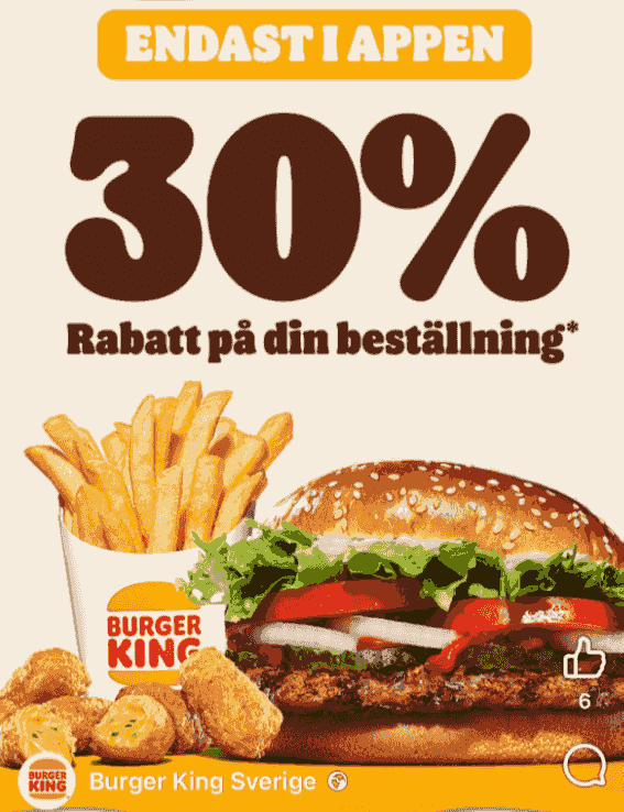 30 % rabatt på din beställning hos Burger King
