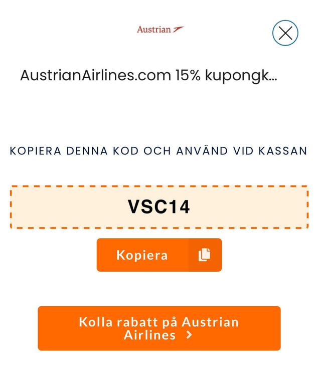 Austrian Airlines: 100 € Rabattkod Augusti 2025
