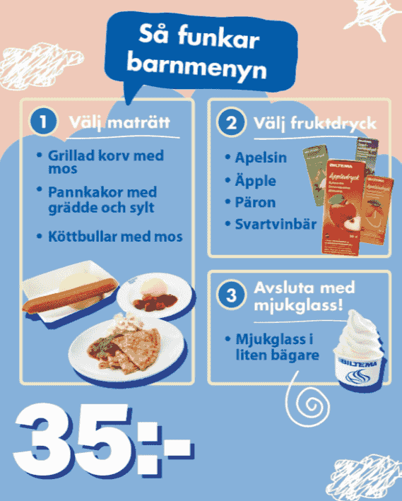 Barnmeny för endast 35 kr i Biltema Café