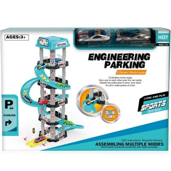 Parkeringshus med helikopterplatta och bilar