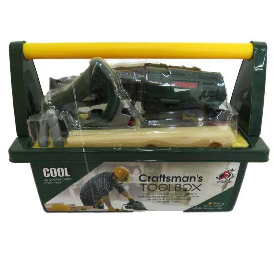 Verktygslåda med borr, såg och hammare