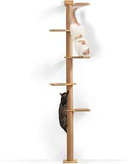 FUKUMARU Högt Kattträd, 5-Levels Golv-till-Tak Katt Torn, Väggmonterad Katt Klöspelare, Vildsimulati