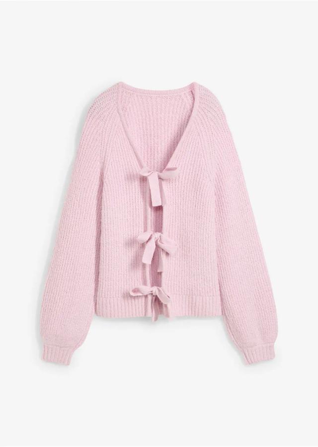 Elegant vändbar grovstickad cardigan ljusrosa