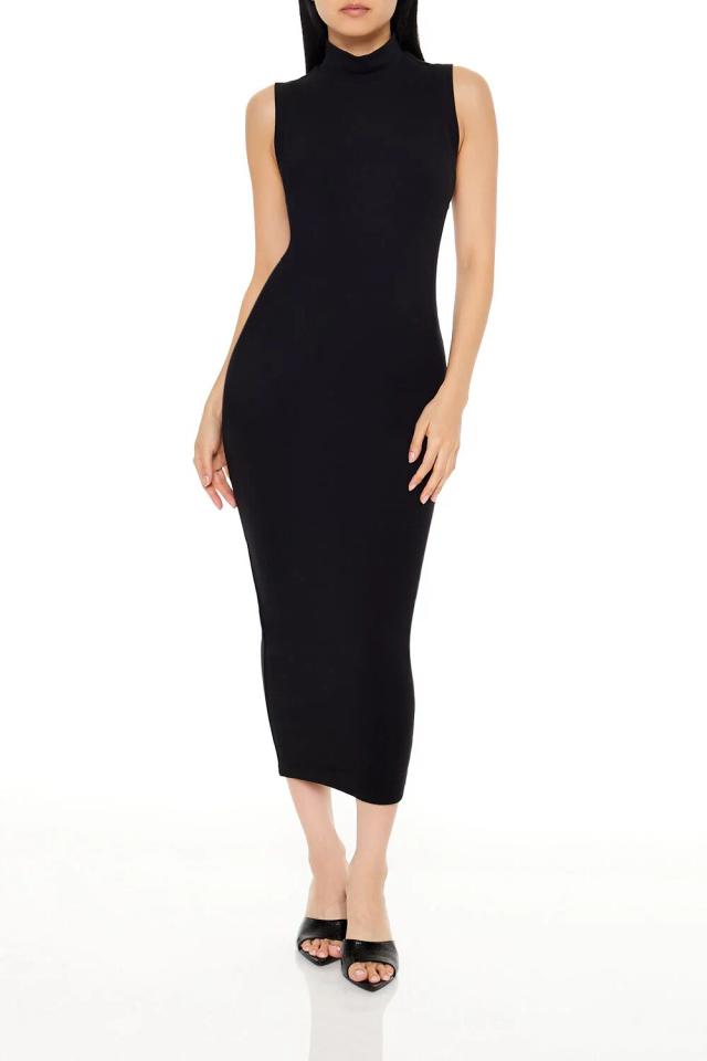 Elegant Ribbed Mock Neck Midi Dress