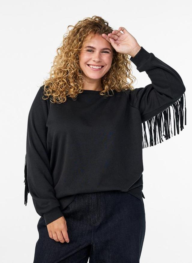 Svart sweatshirt med fransar Zizzi