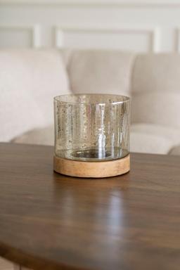 Elegant värmeljushållare i glas och trä