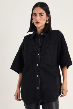 Washed Black Denim Boxy Kortärmad Skjorta