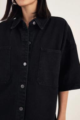 Washed Black Denim Boxy Kortärmad Skjorta