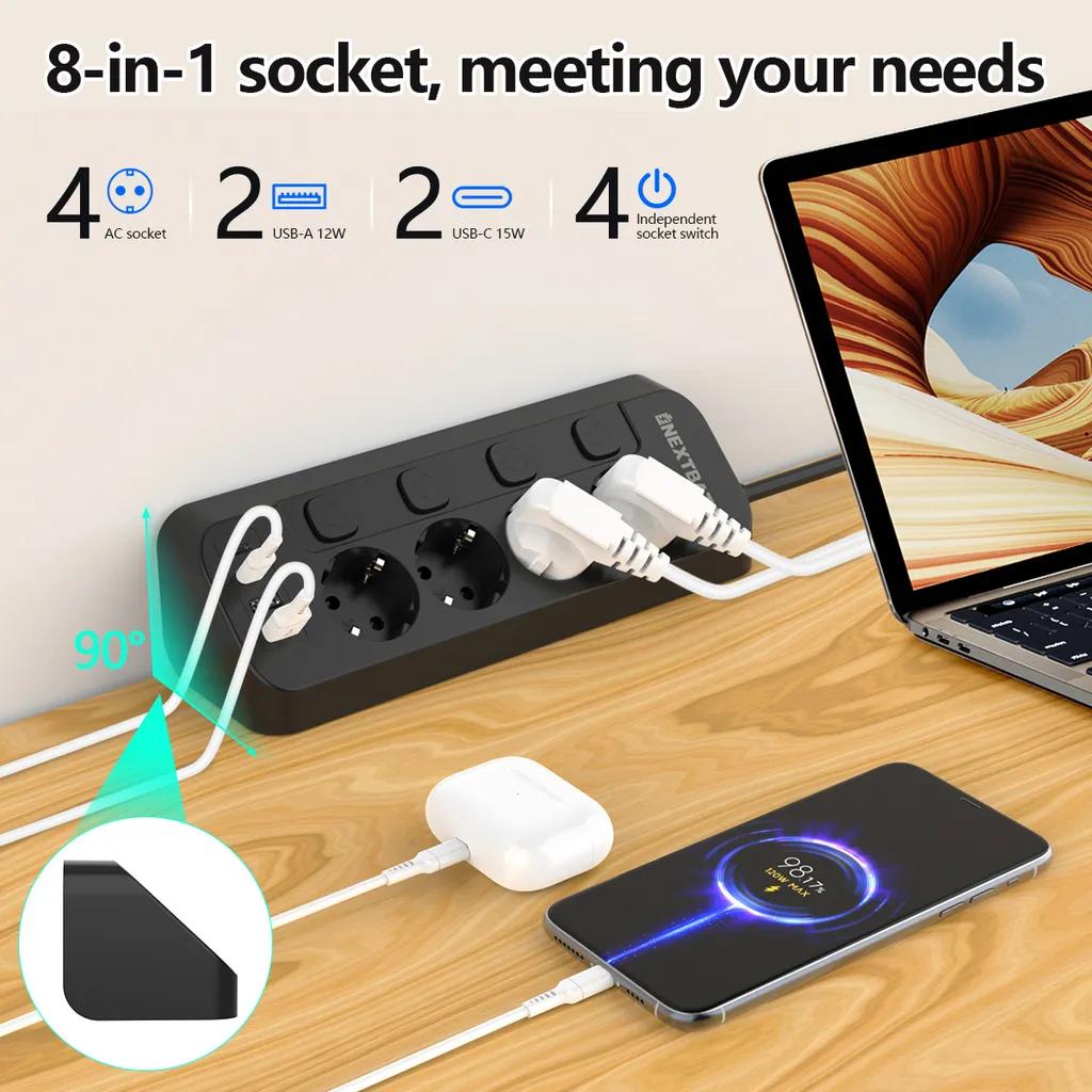 Grenuttag med snabb USB-laddning 1.8m svart