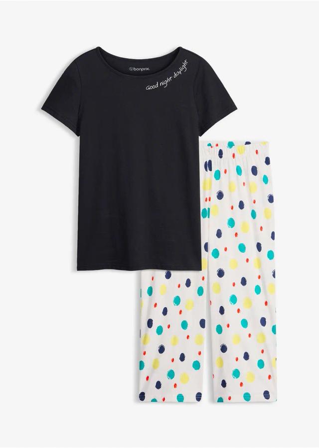 Svart prickig capripyjamas i avslappnad stil