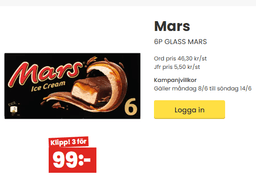 Snickers 6P GLASS MARS - Gäller, Snickers,Mars Och Twix 3st för 99kr 