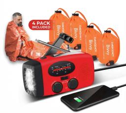 Nödkit med vevradio, solceller och nödsovsäckar