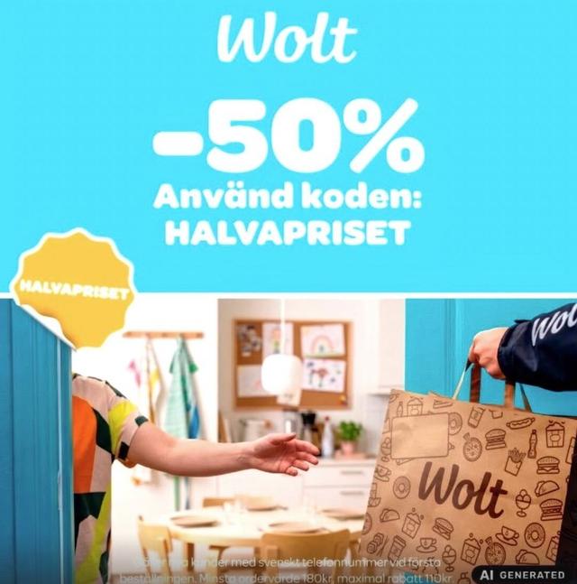 Få 50% rabatt på första köpet hos Wolt