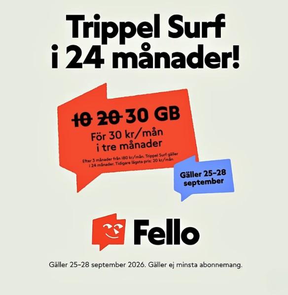 Trippel surf i 24 mån och 30 kr/mån i 3 mån hos Fello