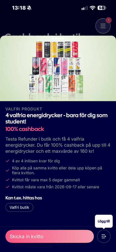 4 valfria energidrycker gratis för STUDENTER (max 160kr)