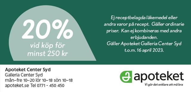 20% rabatt på Apoteket i Galleria Center Syd