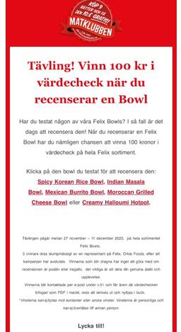 Vinn 100 kr i värdecheck när du recenserar en Felix Bowl