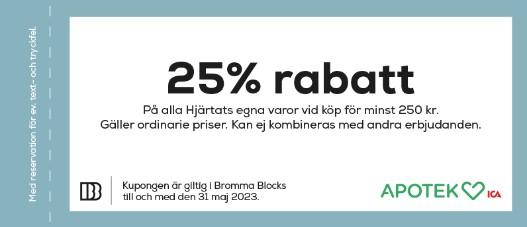 25% på Hjärtats egna varor på Apotek Hjärtat i Bromma Blocks