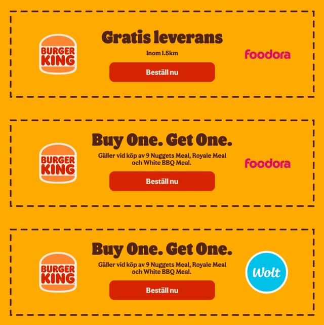 Burger King - gratis leverans och 2 för 1 med Foodora