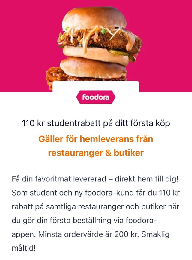 Foodora - 110 kr studentrabatt på ditt första köp