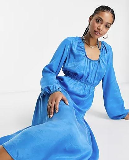 Topshop - Blå, panelsydd midiklänning med ihopdragna detaljer - ASOS