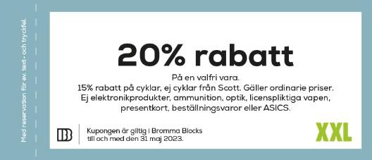 20% rabatt på en valfri vara på XXL i Bromma Blocks köpcentrum