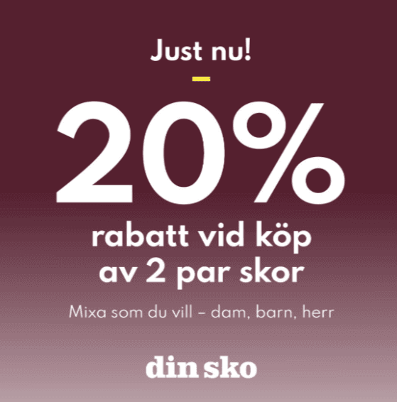 20 % rabatt på alla skor hos Din Sko när du köper 2 par