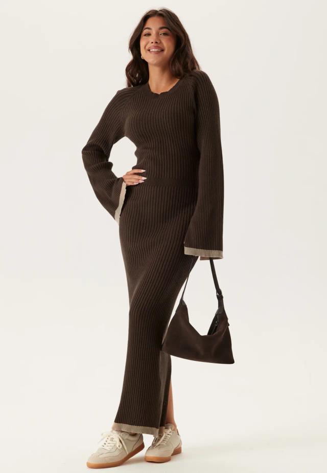 Brown Ribbed Round Neck Maxi Dress