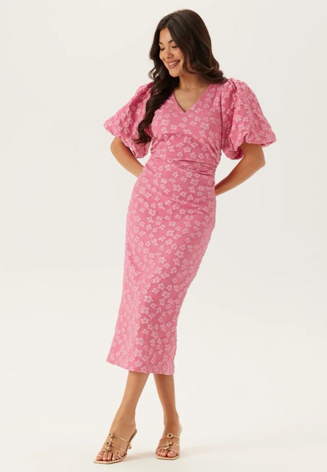 Pink Puff Sleeve Jacquard Midi Dress