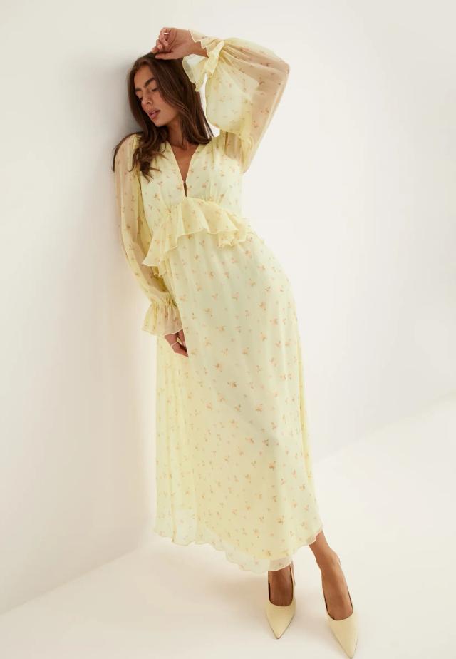 Frill Chiffon Midi Dress Yellow
