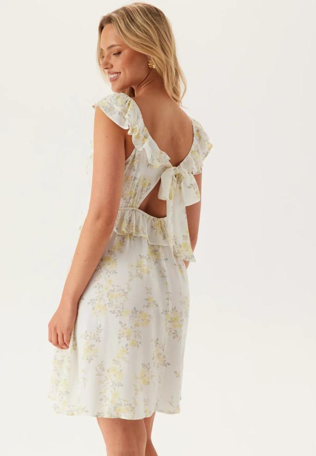 Frill Viscose Short Dress, Yellow Floral