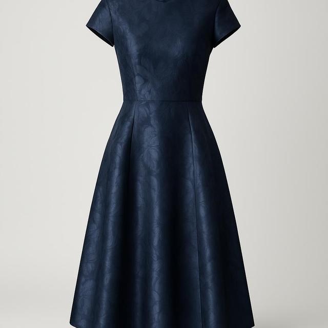 Elegant Blommig Jacquardklänning, Midilängd - Mörkblå