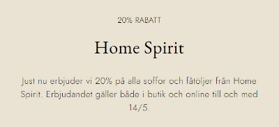 20 % på alla soffor och fåtöljer från Home Spirit