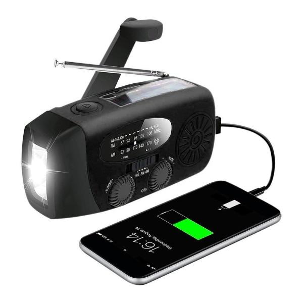 Vevradio med Solceller / Ficklampa - 2000mAh Powerbank
