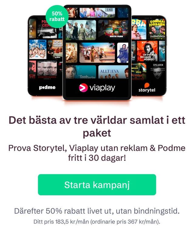Viaplay, Storytel & Podme 1 månad gratis + special rabatt!