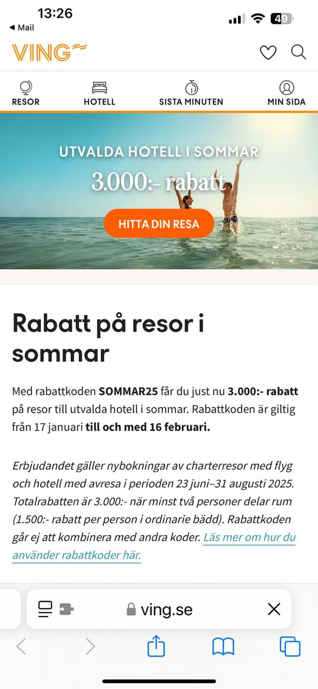 VING Upp till 3000kr rabatt på Utvalda Hotell