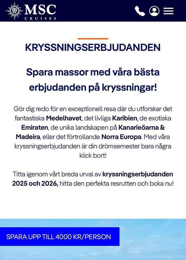 Upp till 4 000 kr + 15 % extra rabatt på kryssning