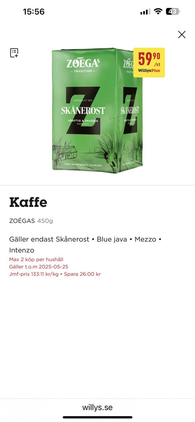 WILLYS Zoega kaffe 59,90 för plusmedlemmar