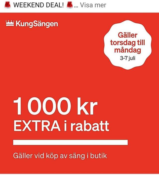 1000kr extra rabatt vid köp av säng i butik