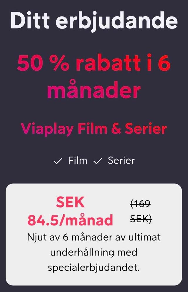 Viaplay med 50 % rabatt 6 månader