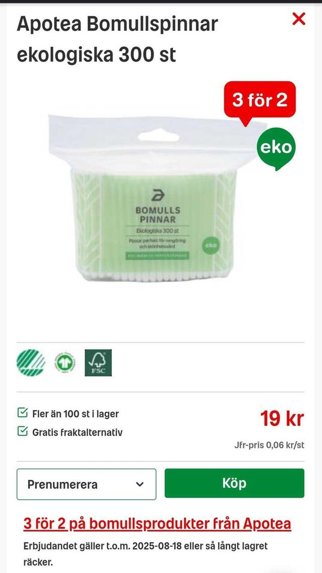 Ekologiska Bomullspinnar, 300-pack (3 för 2)