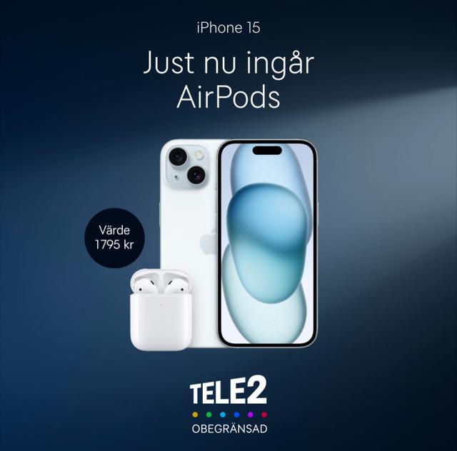 Rabatt på iPhone 15 med Tele 2-abonnemang - Få AirPods gen 2 på köpet!