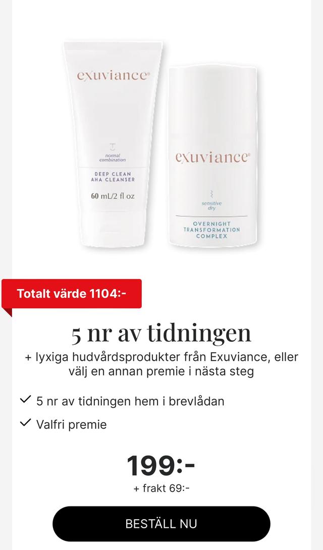 5 nummer av Damernas Värld samt 2 st produkter från Exuviance
