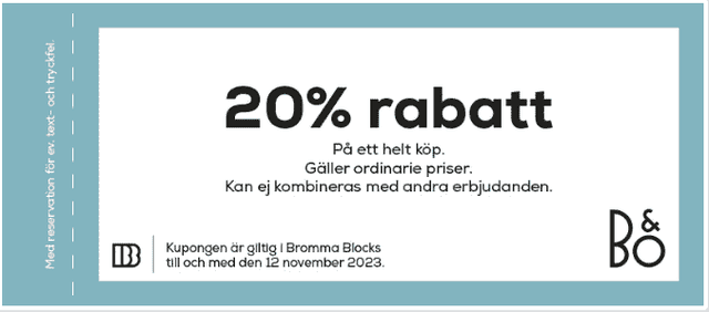 20% rabatt på ett helt köp hos Bang & Olufsen i Bromma Blocks köpcentrum