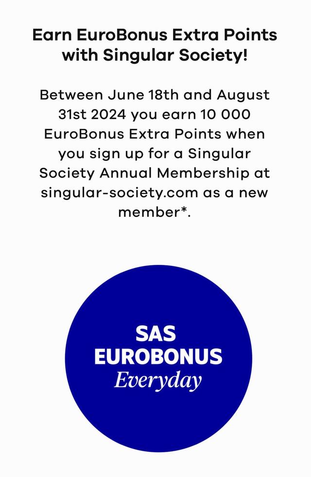 Går man med hos Singular innan 31/8 får man 10,000 SAS Eurobonuspoäng
