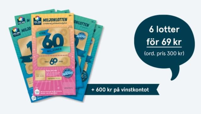Lotter med chansen att vinna miljoner och 600 kr insatta på ditt vinstkonto - du betalar 69 kronor!